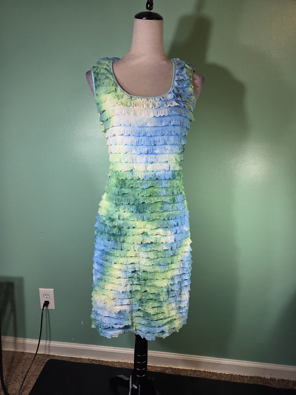Tribal Tiered Ruffle Dress in Blue and Green